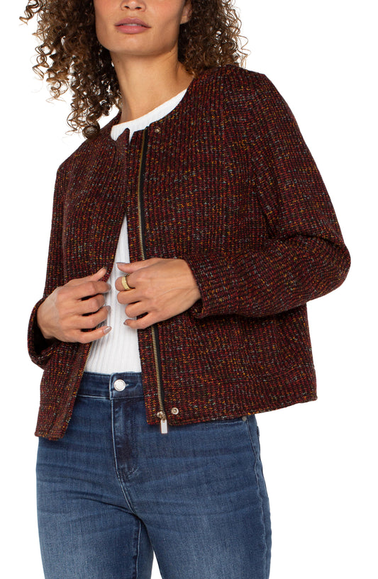 Collarless Zip Up Jacket in Bordeaux | Liverpool