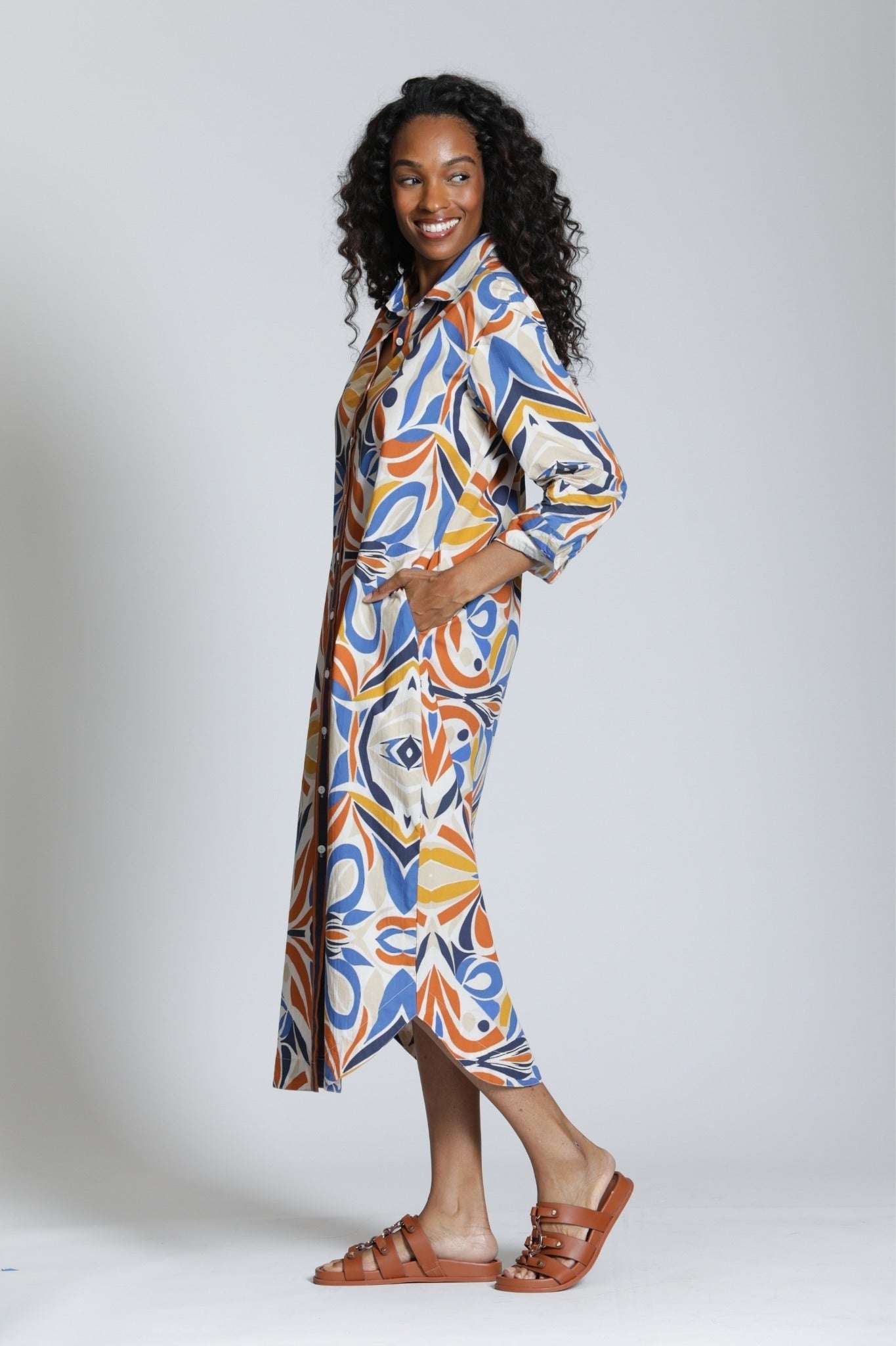 Maxi Cotton Shirt Dress in Blue & Beige | APNY