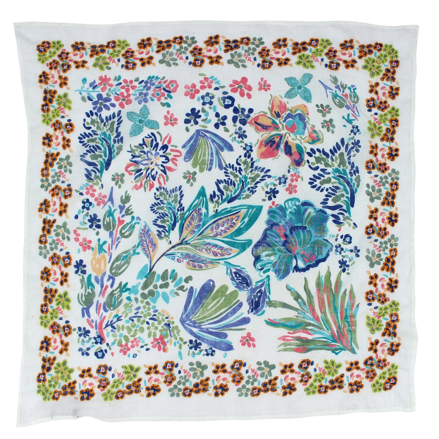 White Floral Cotton Square Scarf