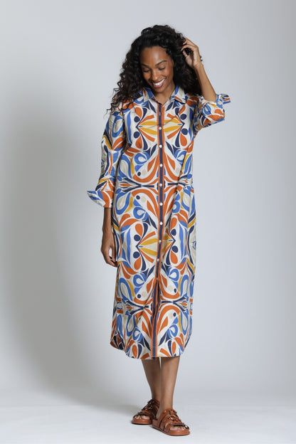 Maxi Cotton Shirt Dress in Blue & Beige | APNY