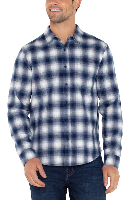 Long Sleeve Button Up Shirt - White/Navy Plaid