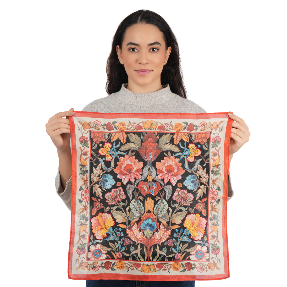 Black Floral Cotton Square Scarf