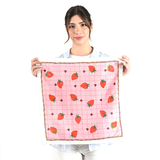 Pink Strawberry Cotton Square Scarf