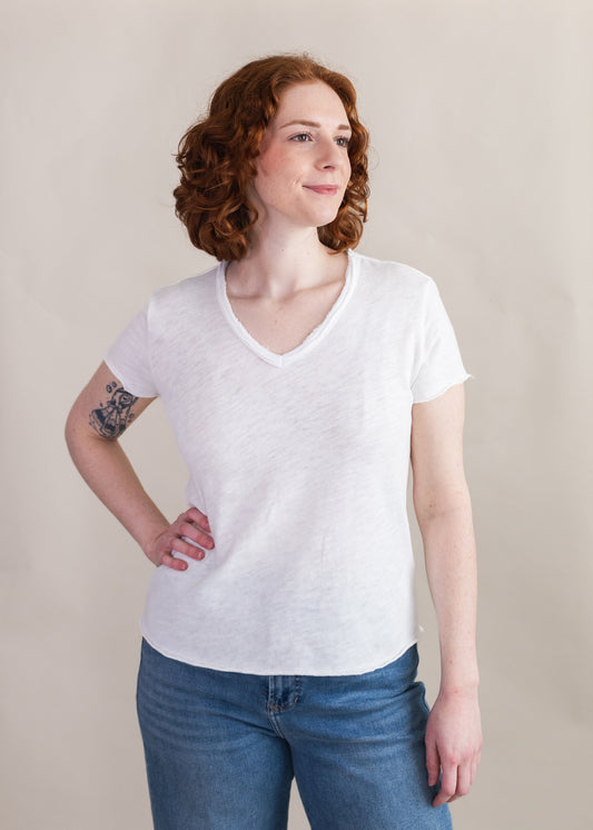 Vanya Relaxed V-Neck Tee in White | Dear John